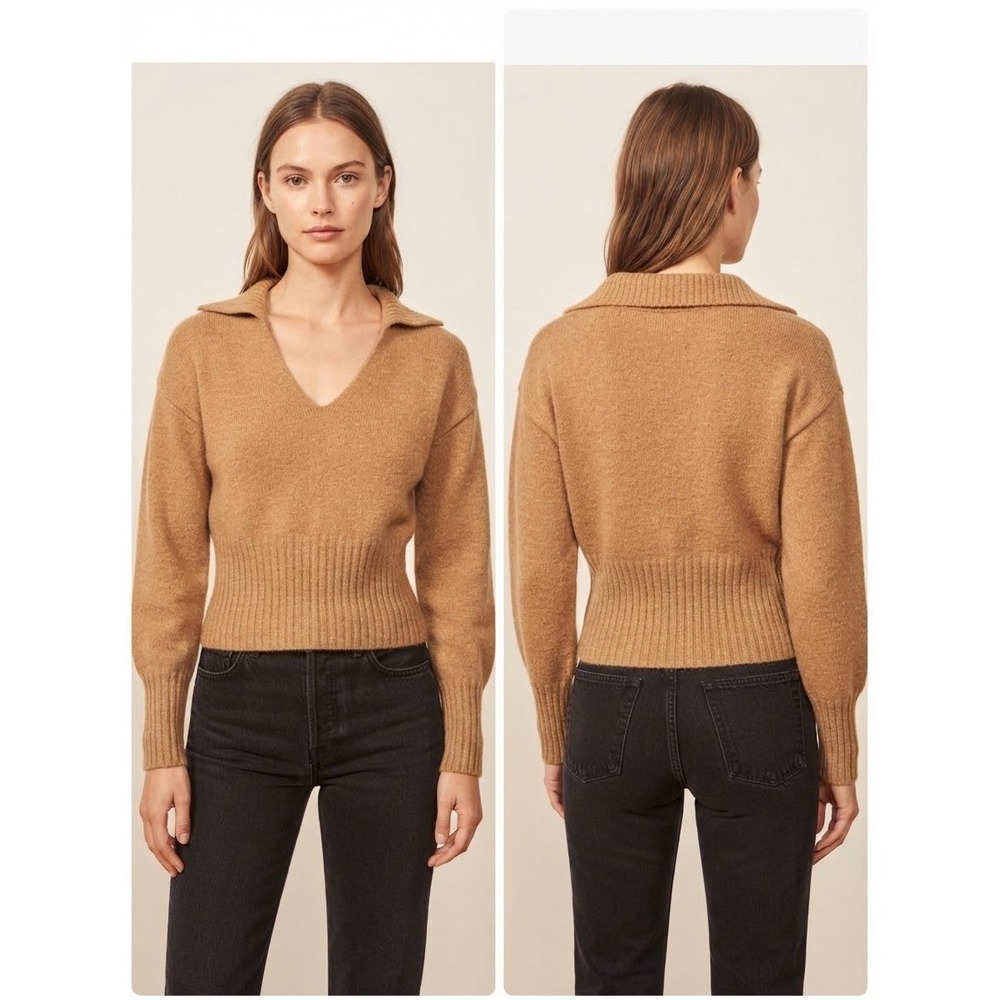 Reformation Cashmere Beckie Sweater Camel Tan Cropped V-Neck Ribbed Size S